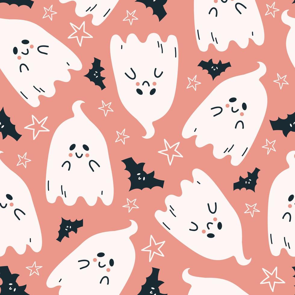 Happy Halloween cute vector seamless pattern with cartoon ghost. Creative childish texture in scandinavian style. Great for fabric, textile Vector Illustration.