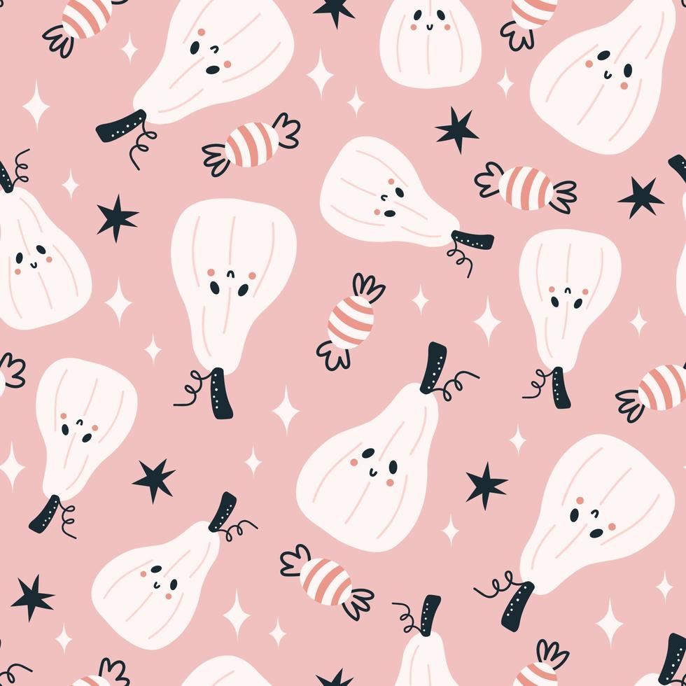Holiday seamless pattern with funny characters pumpkins. Halloween vector illustration. Creative childish texture in scandinavian style. Great for fabric, textile.