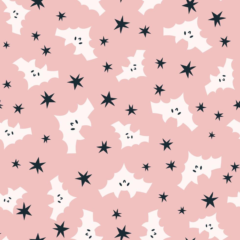 Happy Halloween cute vector seamless pattern with cartoon bat, stars. Creative childish texture in scandinavian style. Great for fabric, textile Vector Illustration.