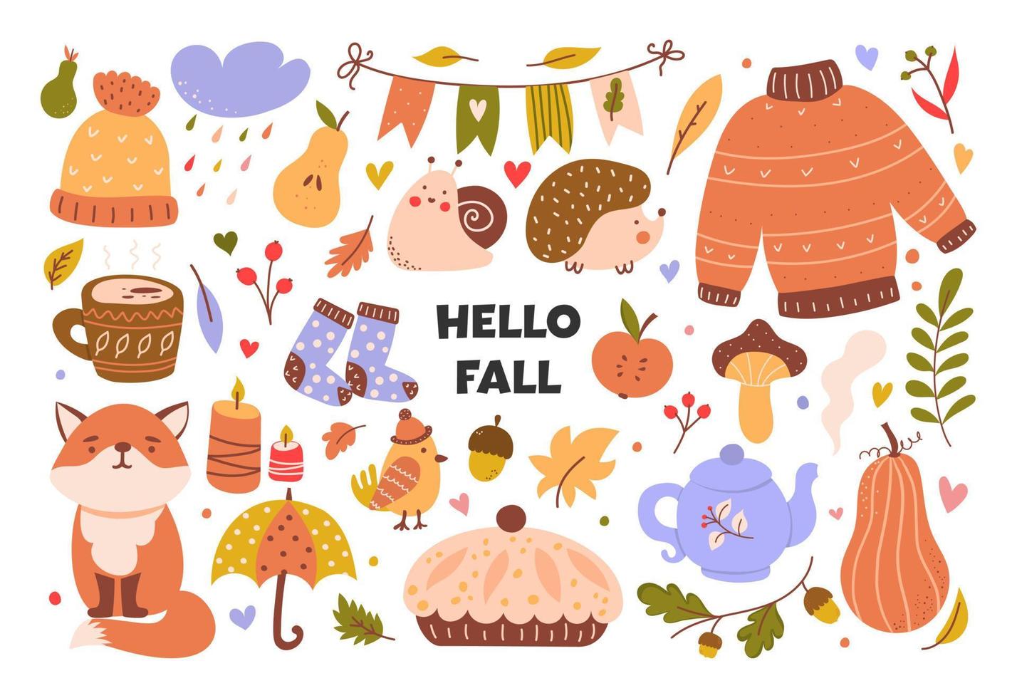 Cozy autumn set of cute design elements. Set of autumn branches with leaves, foliage, berries, pumpkins, sweater, socks and animals. Colored flat vector illustration.