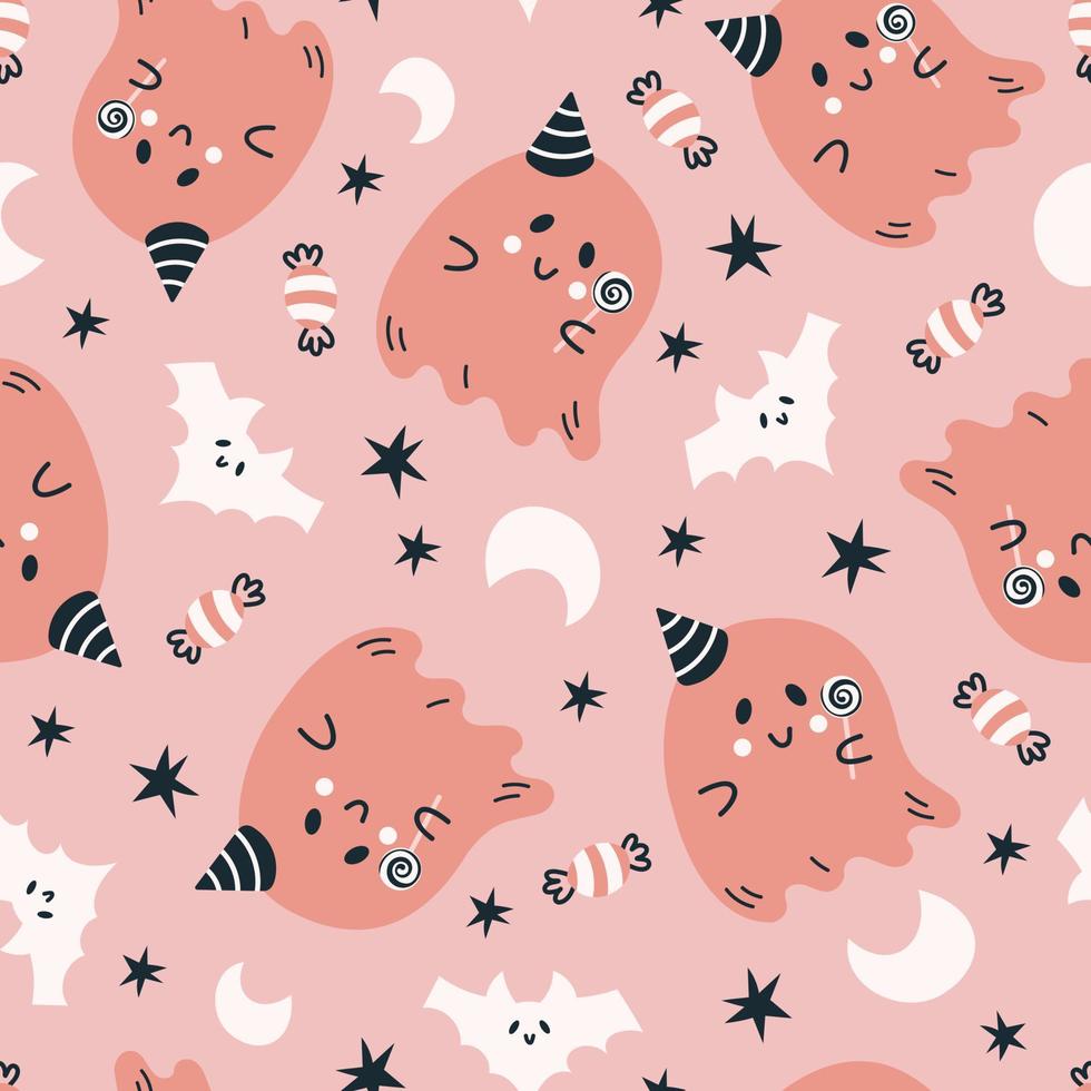 Happy Halloween cute vector seamless pattern with cartoon ghost. Creative childish texture in scandinavian style. Great for fabric, textile Vector Illustration.