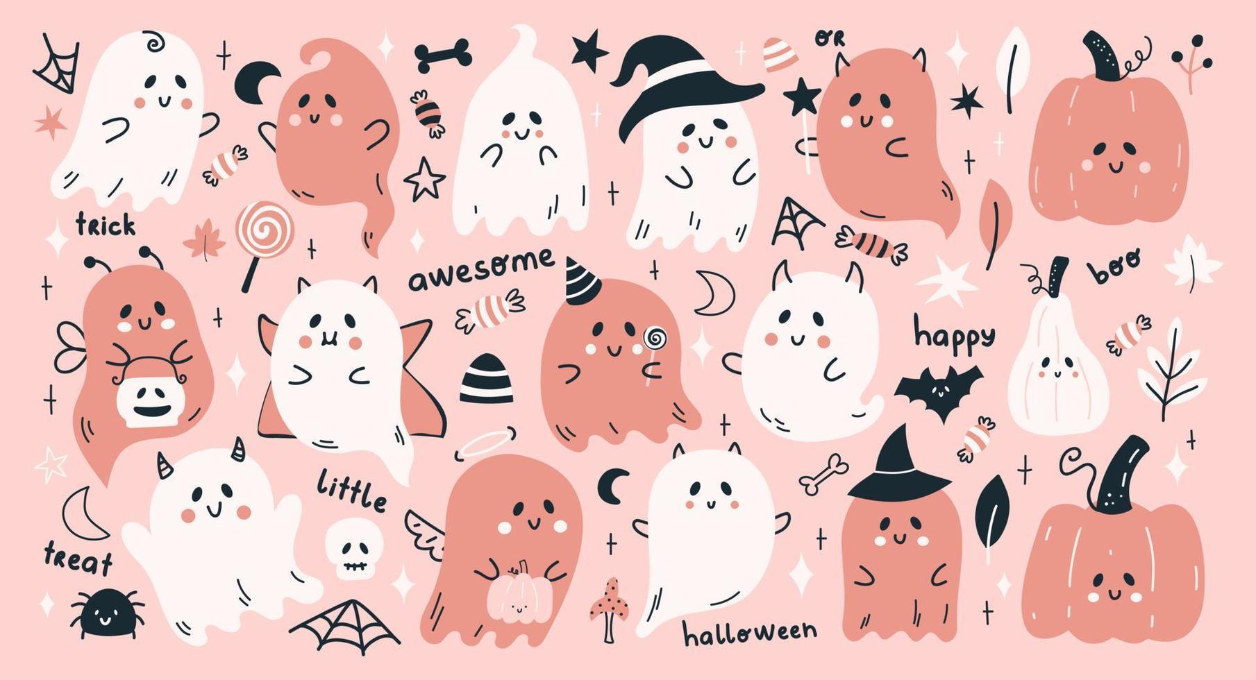 lindo patrón de conjunto de vectores de halloween con fantasmas de dibujos animados, calabazas y más elementos divertidos. citas de letras de halloween dibujadas a mano.
