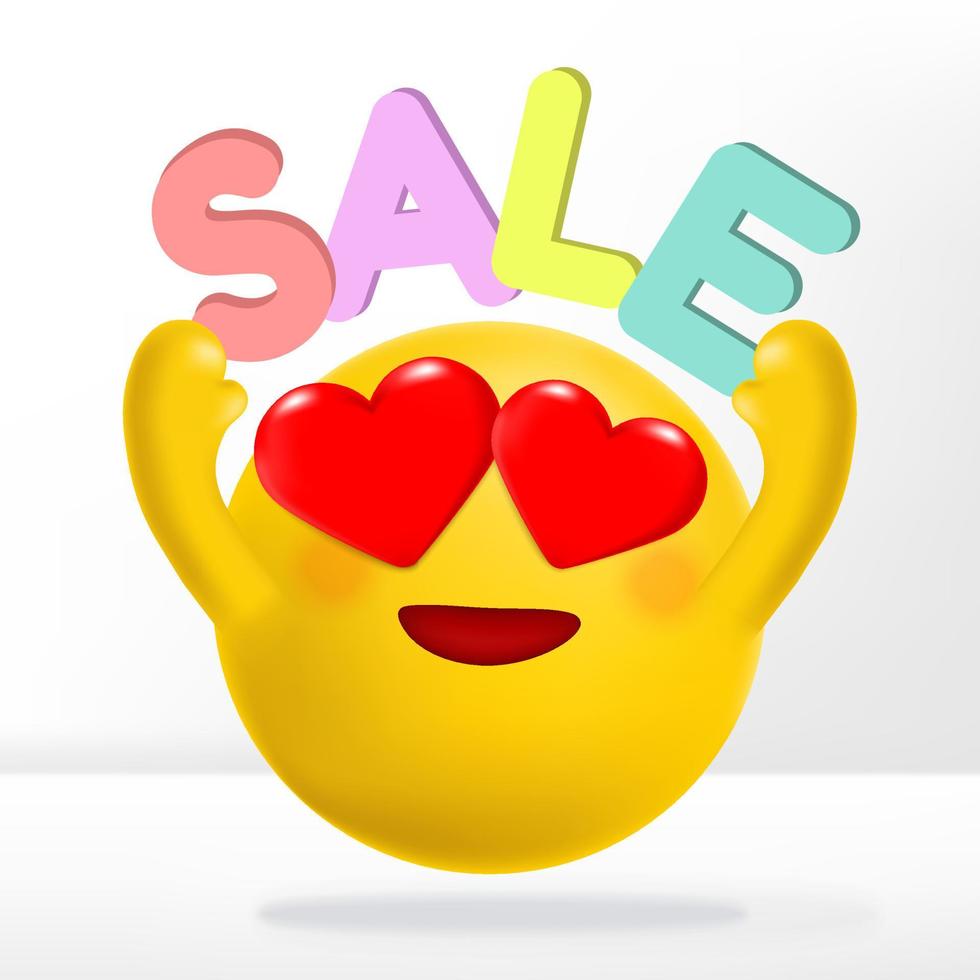 Vector Emotion Cartoon with Heart Shape Eyes Raising Sale Alphabets. Graphic Element for Sale Announcement.