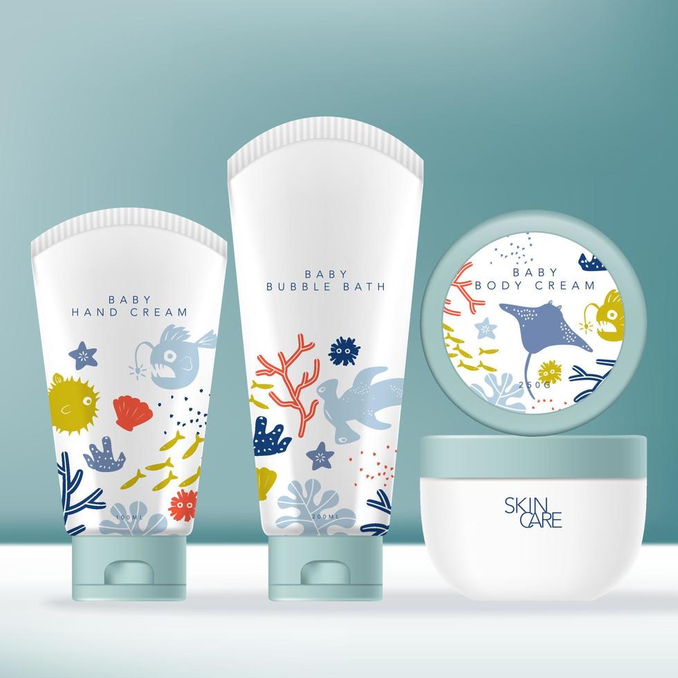 Vector Toiletries, Beauty or Skincare Product Packaging with Tube Jar. Kids or Children Underwater World Theme Pattern.