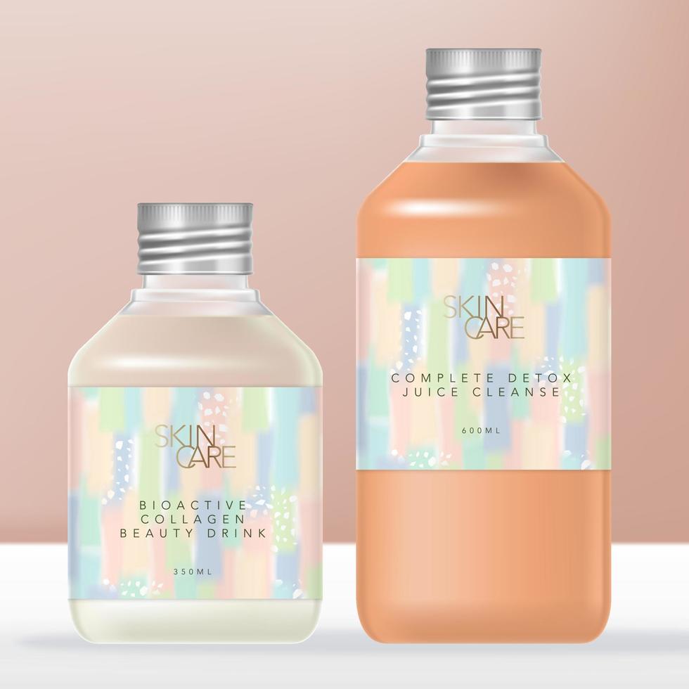 Vector Soda or Juice Beverage Clear Plastic Bottle with Metallic Silver Screw Cap. Pastel Abstract Wrap Around Label Design.
