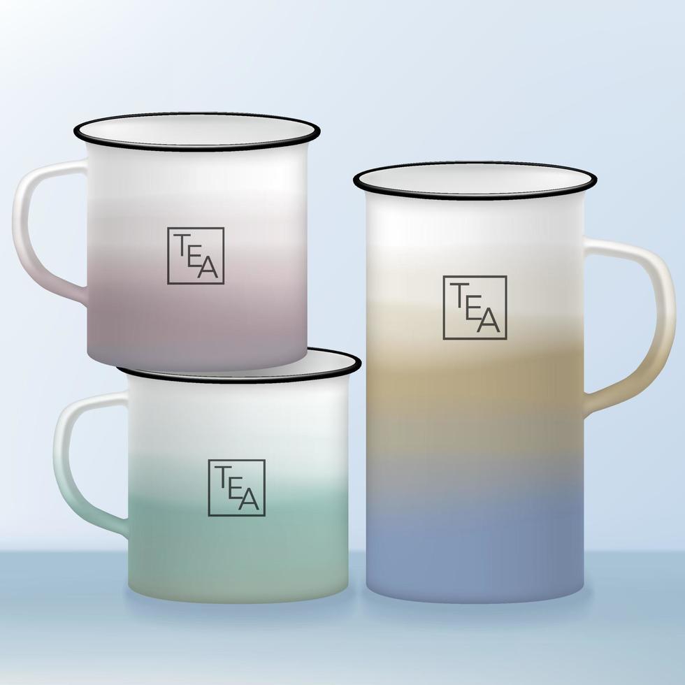 camping vectorial o taza o taza de estaño al aire libre con diseño de impresión superpuesta en degradado de colores pastel vector