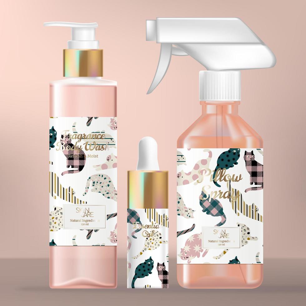 Vector Skincare or Beauty Packaging Set with Body Wash Pump Bottle, Serum Droplet and Aroma Spray Bottle. Cat Pattern Print Packaging.