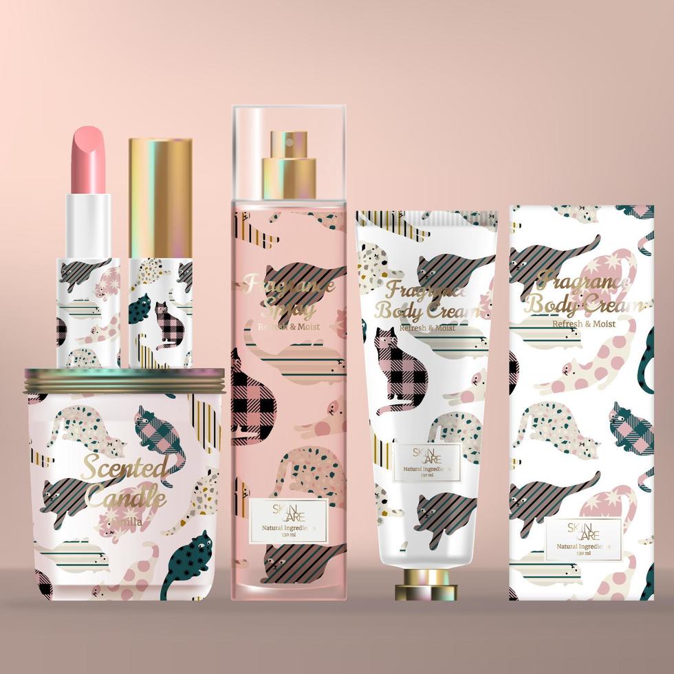 Vector Skincare and Beauty Set with Scented Candle Screw Cap Jar, Lipstick, Body Mist Spray Bottle and Hand Cream Tube. Cat Pattern Print Packaging.