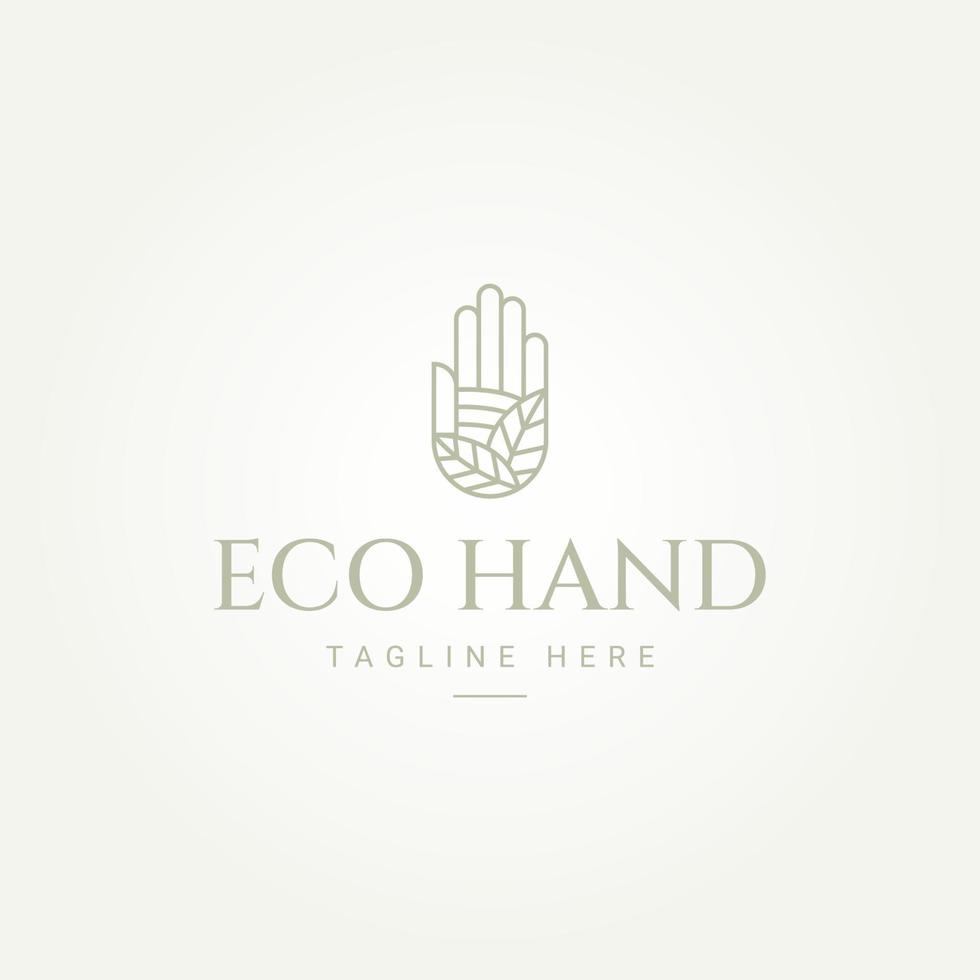 diseño de ilustración vectorial de plantilla de logotipo de arte de línea de ecología de mano y hoja minimalista. ecología y medio ambiente simple, concepto de logotipo de agricultura vector