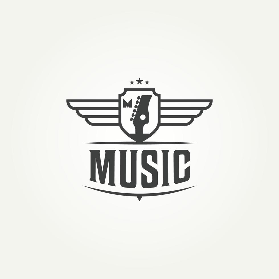 guitarra música instrumento línea arte icono logotipo plantilla vector ilustración diseño. logotipo de la insignia de música de guitarra con alas y estudio de grabación de concepto estrella, club de karaoke y tienda de audio