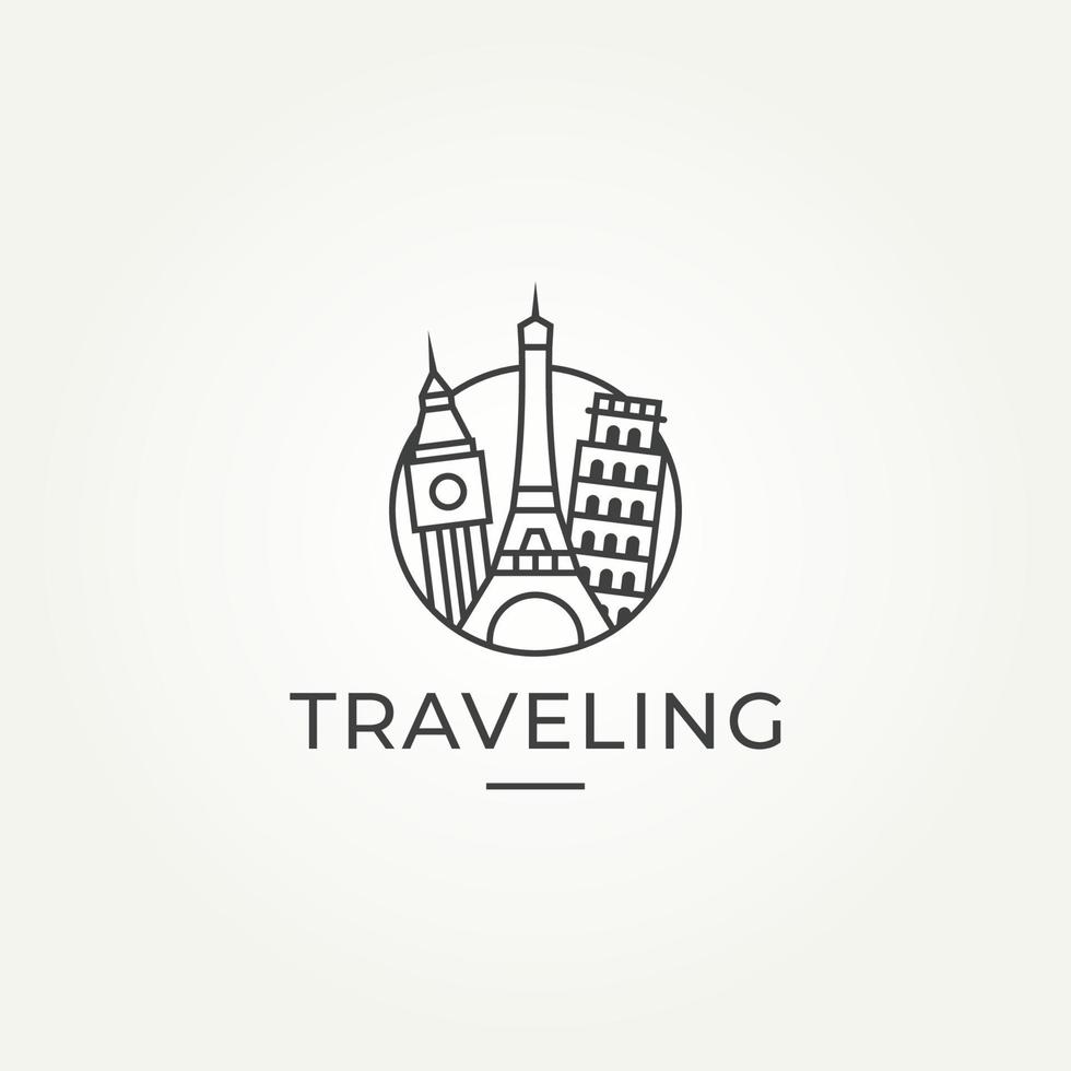 minimalist travel with city landmark line art icon logo emblem template vector illustration design. simple vacation, holiday, world tour logo concept