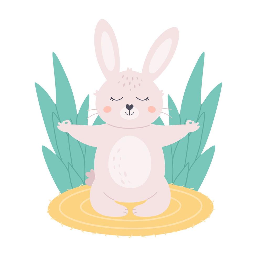 Cute white bunny meditating in lotus pose. Animal yoga, relaxation, meditation. World yoga day vector