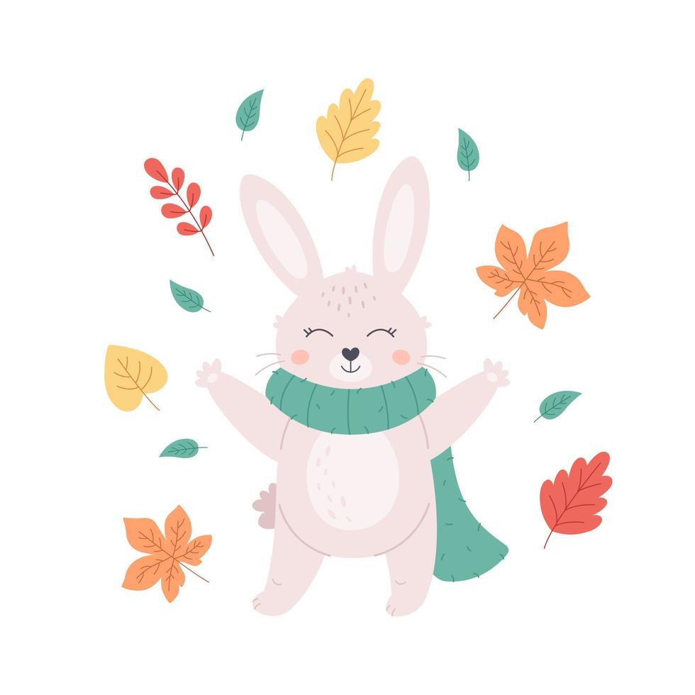 Cute white bunny in scarf with autumn leaves. Autumn, hello autumn vector