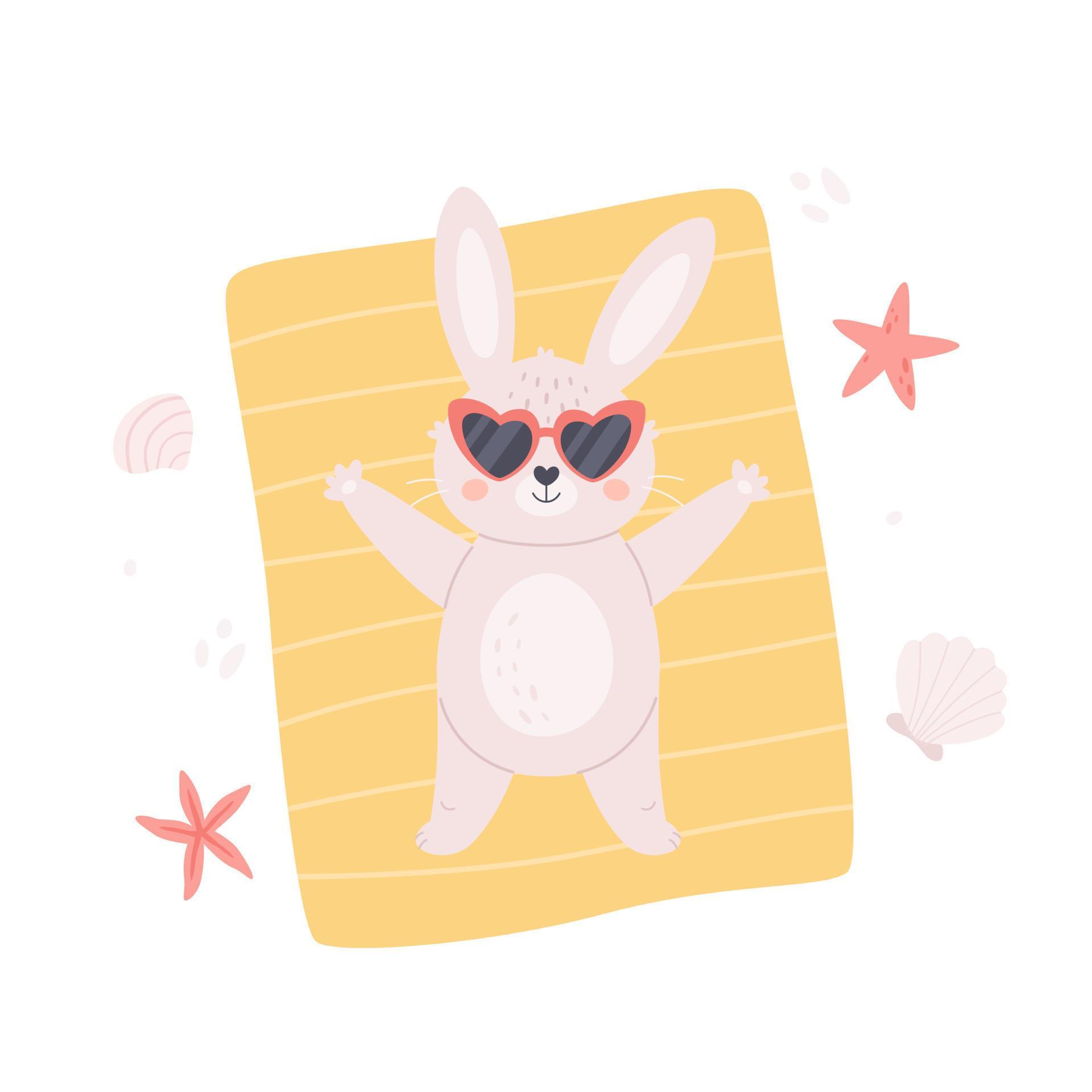 Cute white bunny in sunglasses sunbathing on the beach. Hello summer