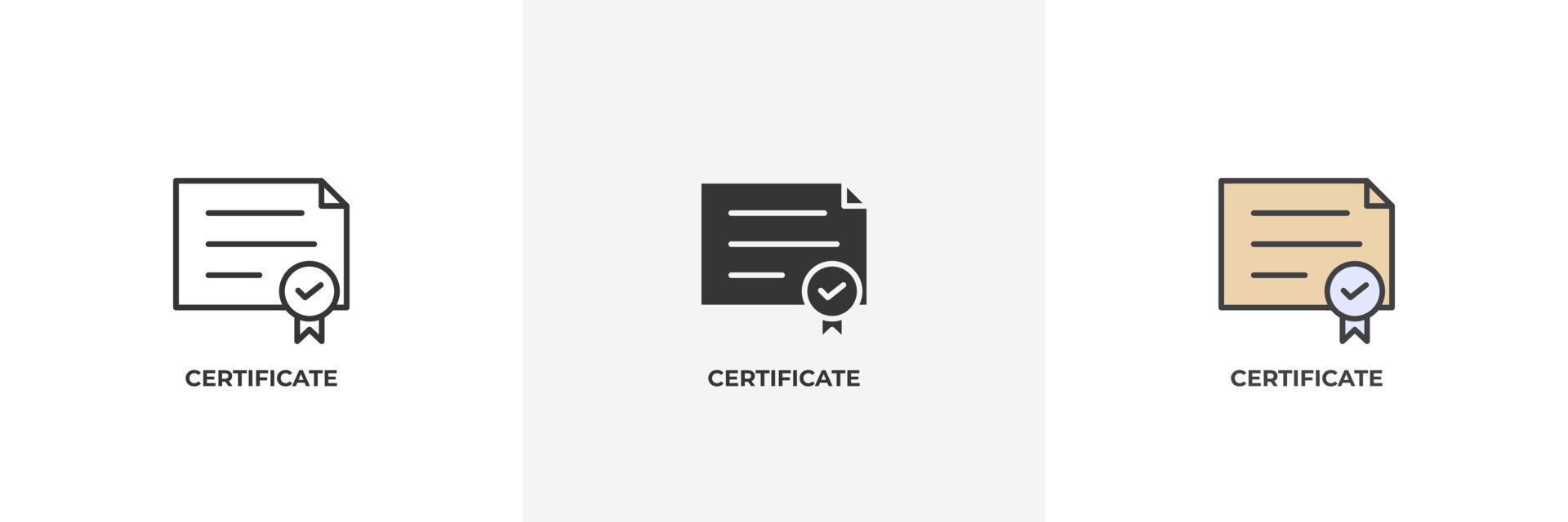 icono de certificado. línea, contorno sólido y relleno versión en color, contorno y signo de vector relleno. símbolo de idea, ilustración de logotipo. gráficos vectoriales