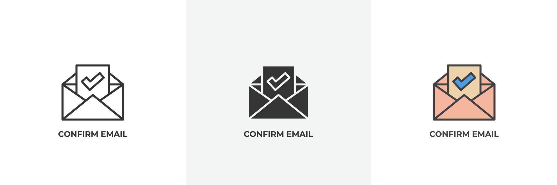 confirmar icono de correo electrónico. línea, versión en color de contorno sólido y relleno, contorno y signo de vector relleno. símbolo de idea, ilustración de logotipo. gráficos vectoriales