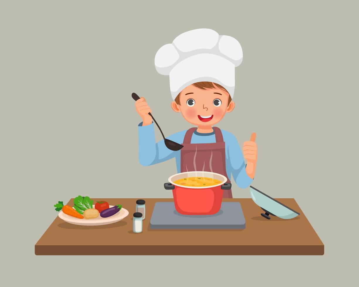 lindo niño pequeño chef cocinando deliciosa sopa de verduras mostrando el pulgar hacia arriba vector