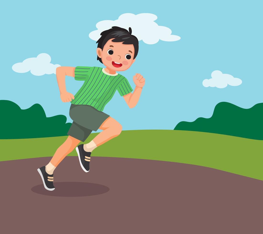 cute little boy running jogging on the park on summertime vector