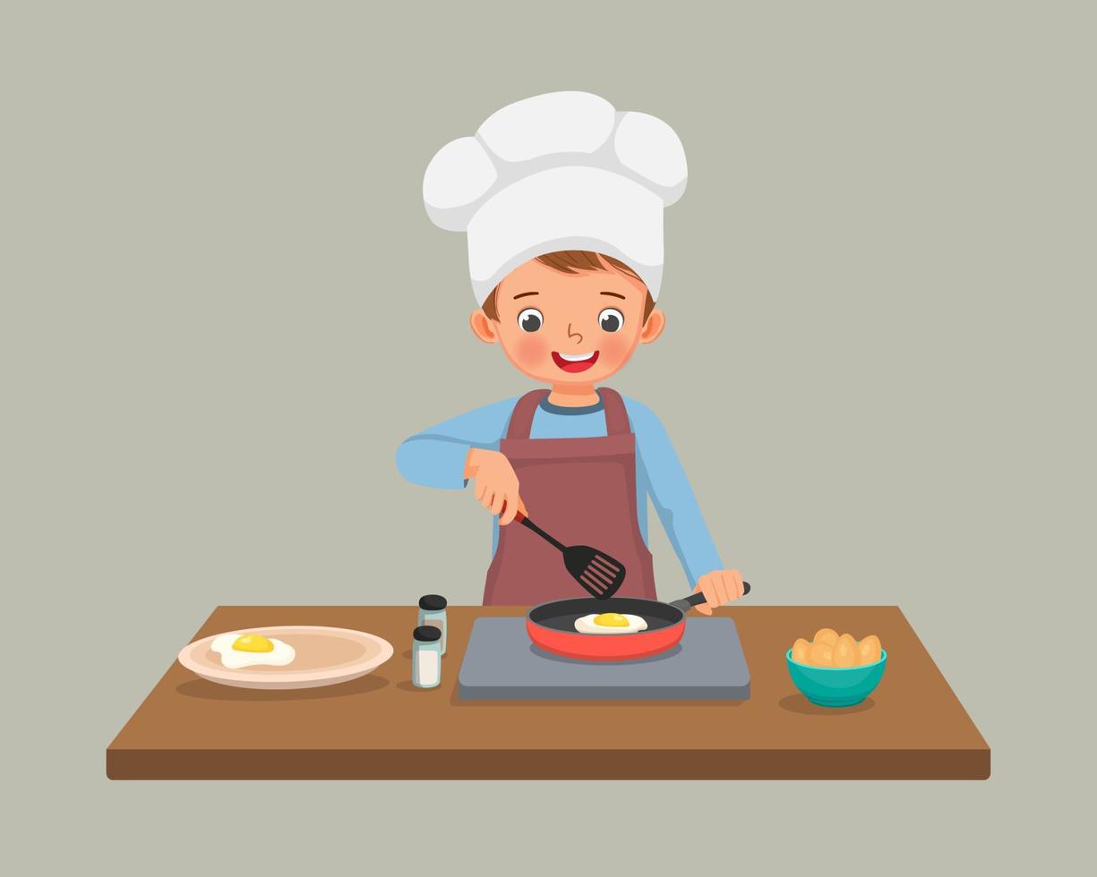 lindo niño pequeño chef cocinando delicioso huevo frito con sartén en la cocina vector