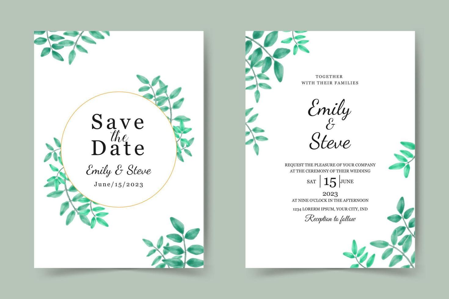 wedding invitation card template. beautiful watercolor leaves background vector