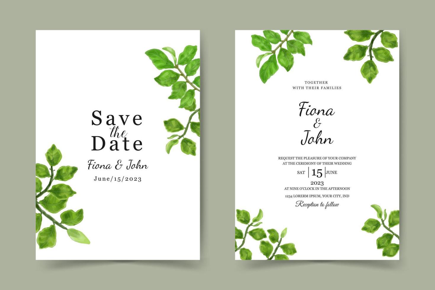 wedding invitation card template. beautiful watercolor leaves background vector