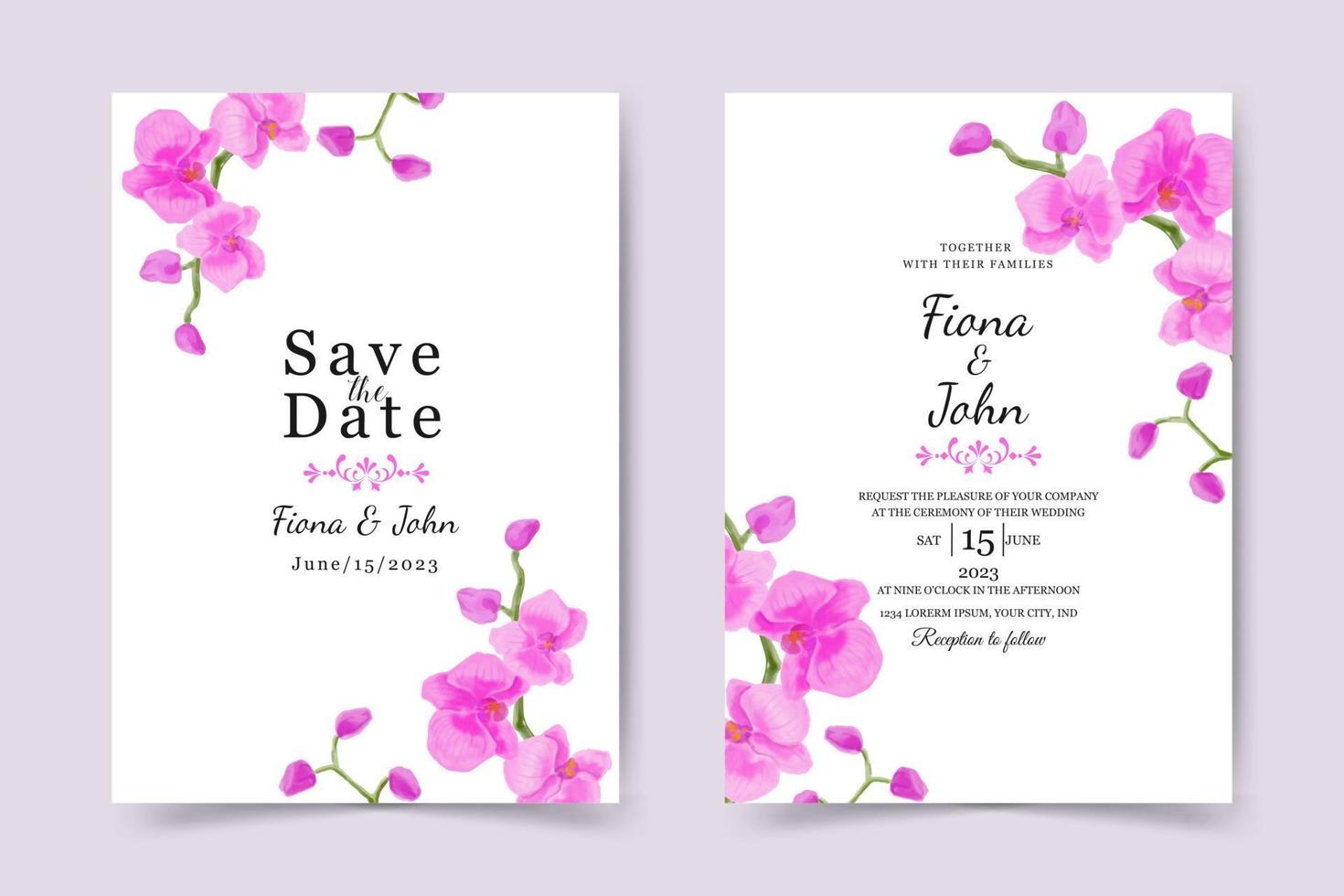 plantilla de tarjeta de invitación de boda. hermosa orquídea flor acuarela vector