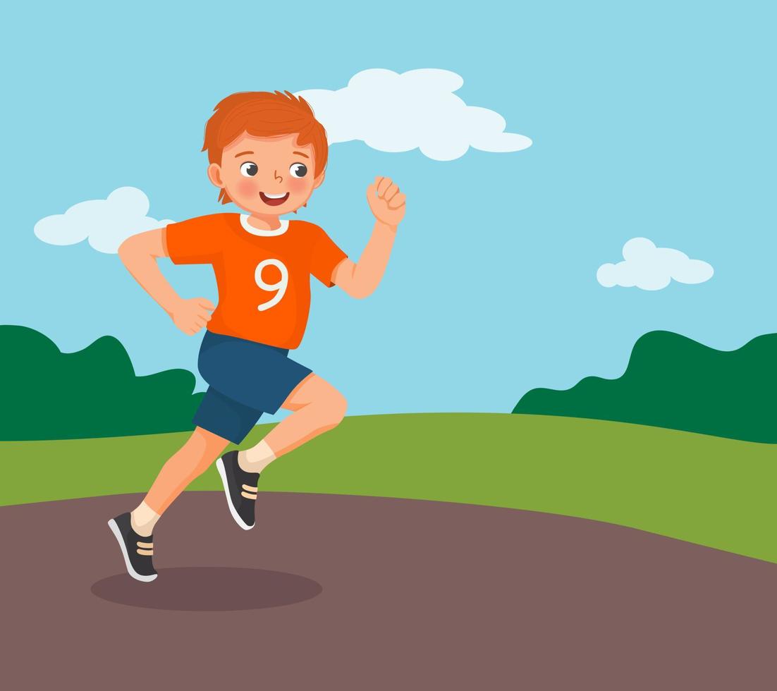 feliz maratón de niño corriendo trotando en el parque en verano vector