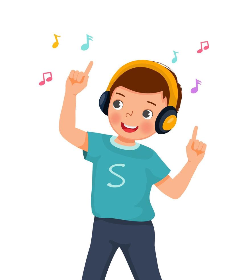 Happy cute little boy dancing while listening to music with headphone vector