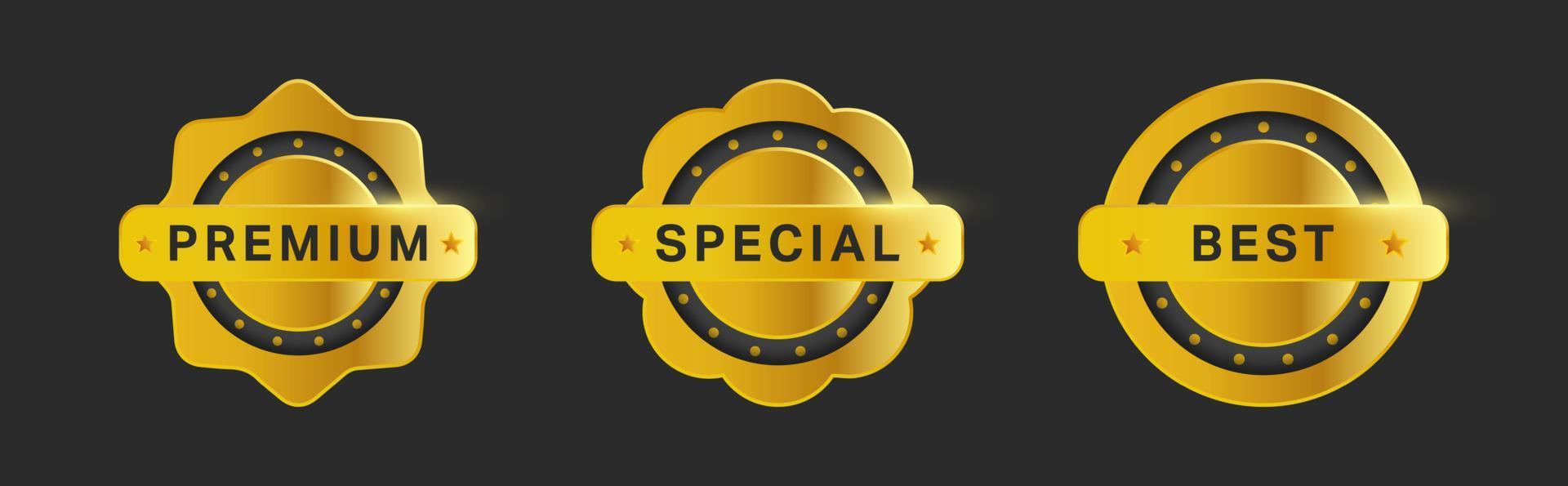 Gold badge in circle shape. Premium, special and best luxury label. vector