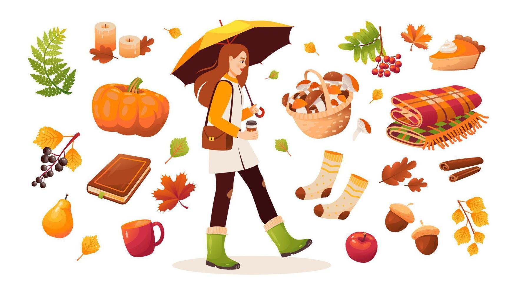 Autumn set, girl with umbrella in rubber boots, foliage, forest mushrooms, plaid, pumpkin, pie, knitted socks, cinnamon, Cartoon vector illustration