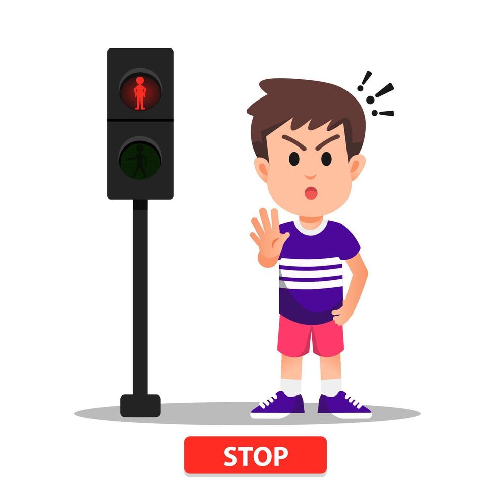 boy with a holding hand pose and traffic light beside him vector