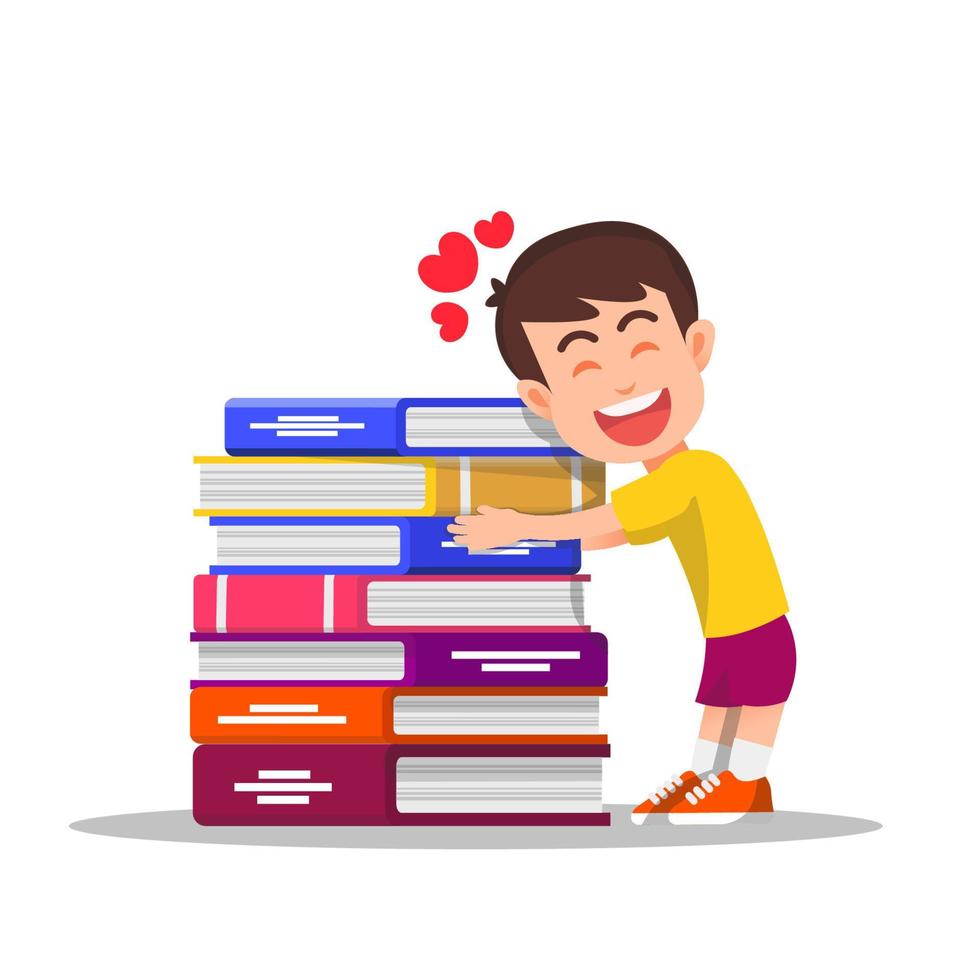 a boy hugs a big pile of books vector