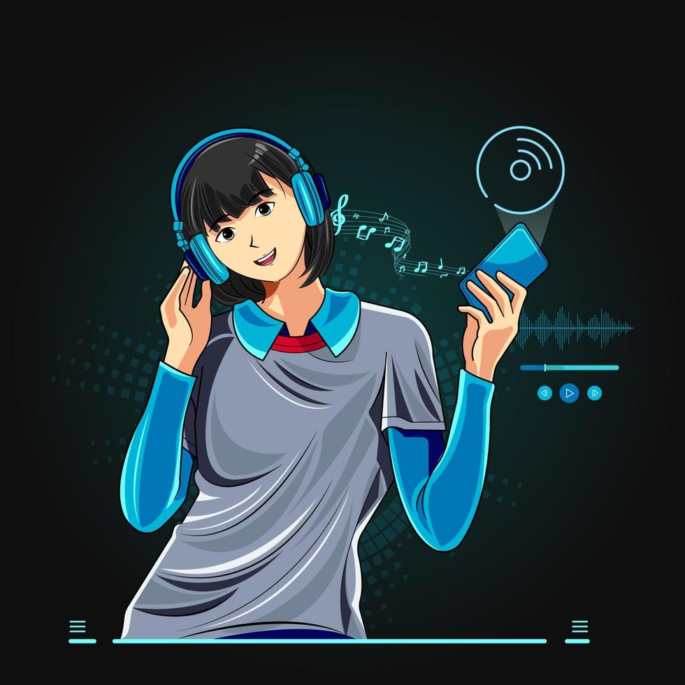 concepto de tecnología digital de inteligencia artificial. chica joven escuchando música con teléfono inteligente en la mano ilustración vectorial descarga gratuita vector