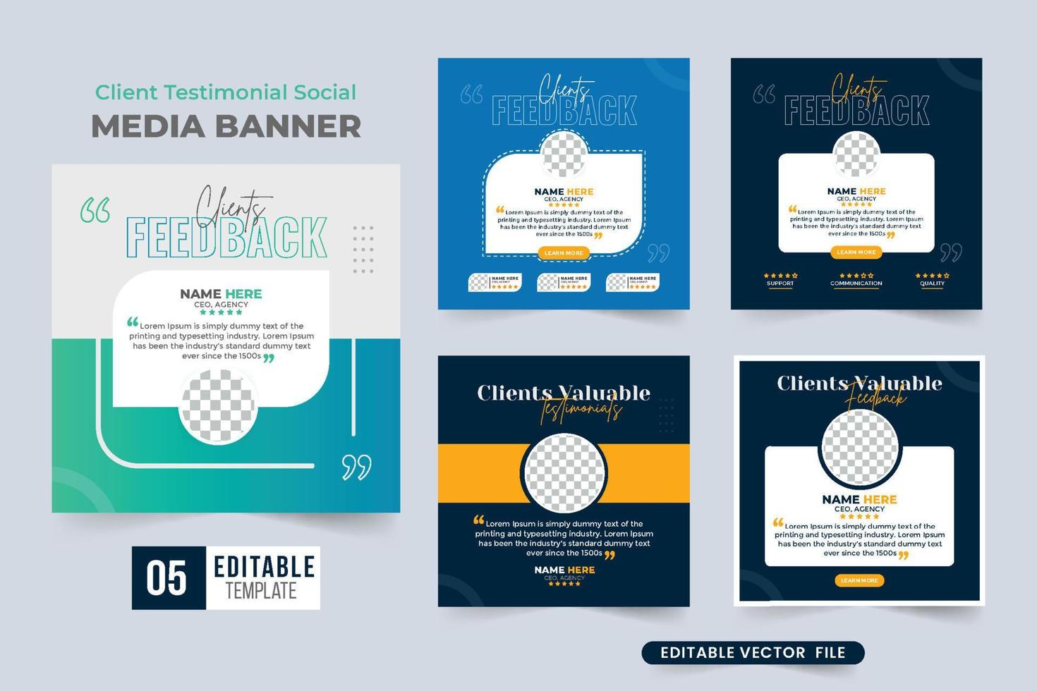 Customer feedback testimonial design bundle with rating sections. Customer service feedback layout template collection with colorful background. Client testimonials set vector with photo placeholders.