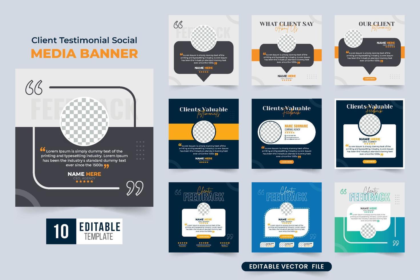 Client work review testimonial social media banner collection with colorful background. Customer service feedback and testimonial set vector for business. Customer feedback testimonial bundle design.