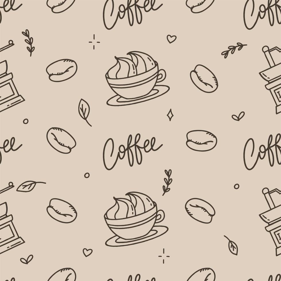 Coffee pattern with Turks and capsules on a beige background. Vector illustration in doodle style