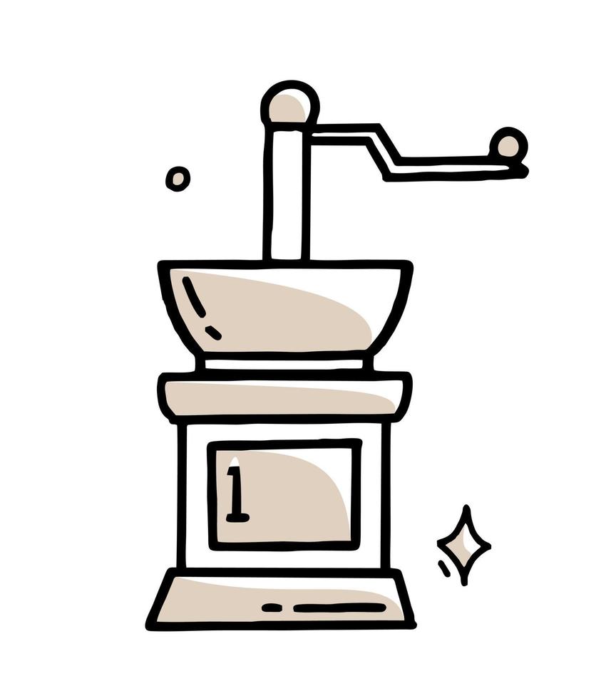 Manual coffee grinder doodle Clipart in black and beige Vector illustration in hand drawn style