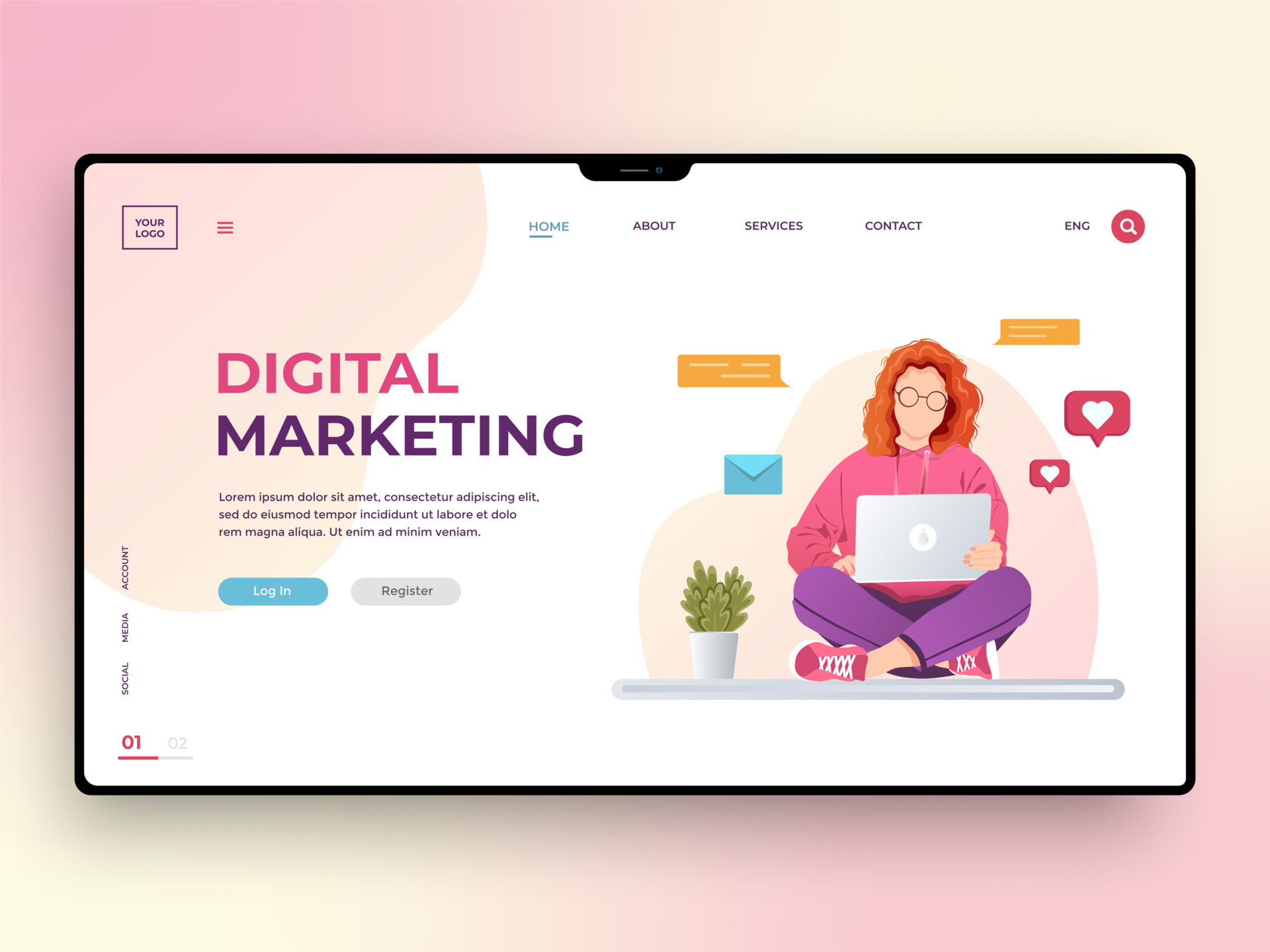 Digital marketing web page template with a young woman working on a