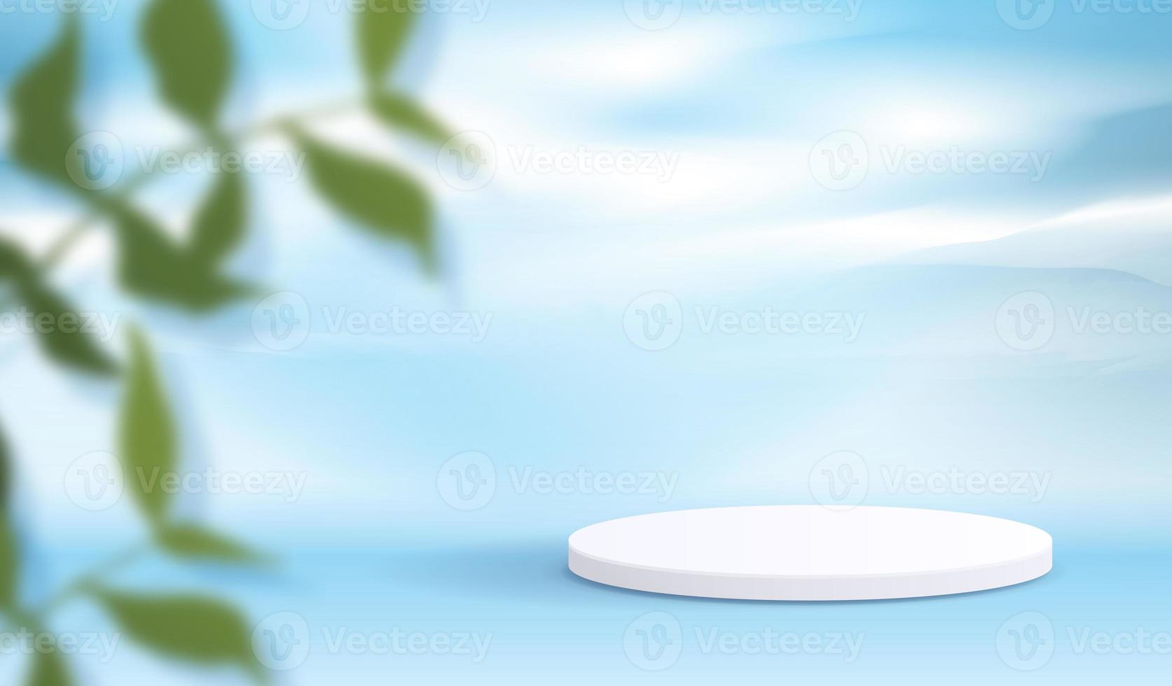 Cosmetic light blue sky background minimal and premium podium display for product presentation branding and packaging presentation. studio stage with shadow of leaf background. 3D illustration design photo