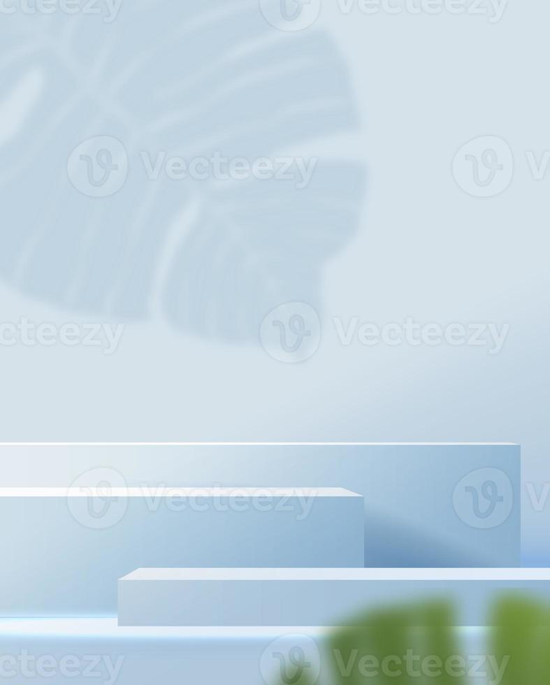 Cosmetic light blue background minimal and premium podium display for product presentation branding and packaging presentation. studio stage with shadow of leaf background. 3D illustration design photo