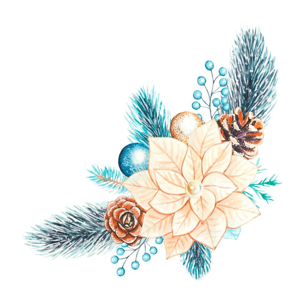 Watercolor Christmas composition of fir branches, poinsettia and fir cones. vector