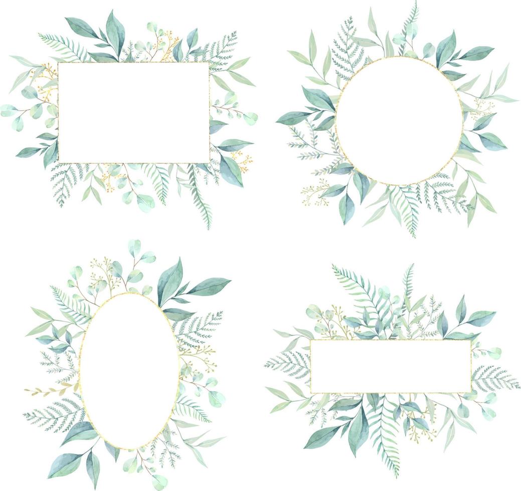 Set of watercolor leaf frames . Floral background hand painted. vector