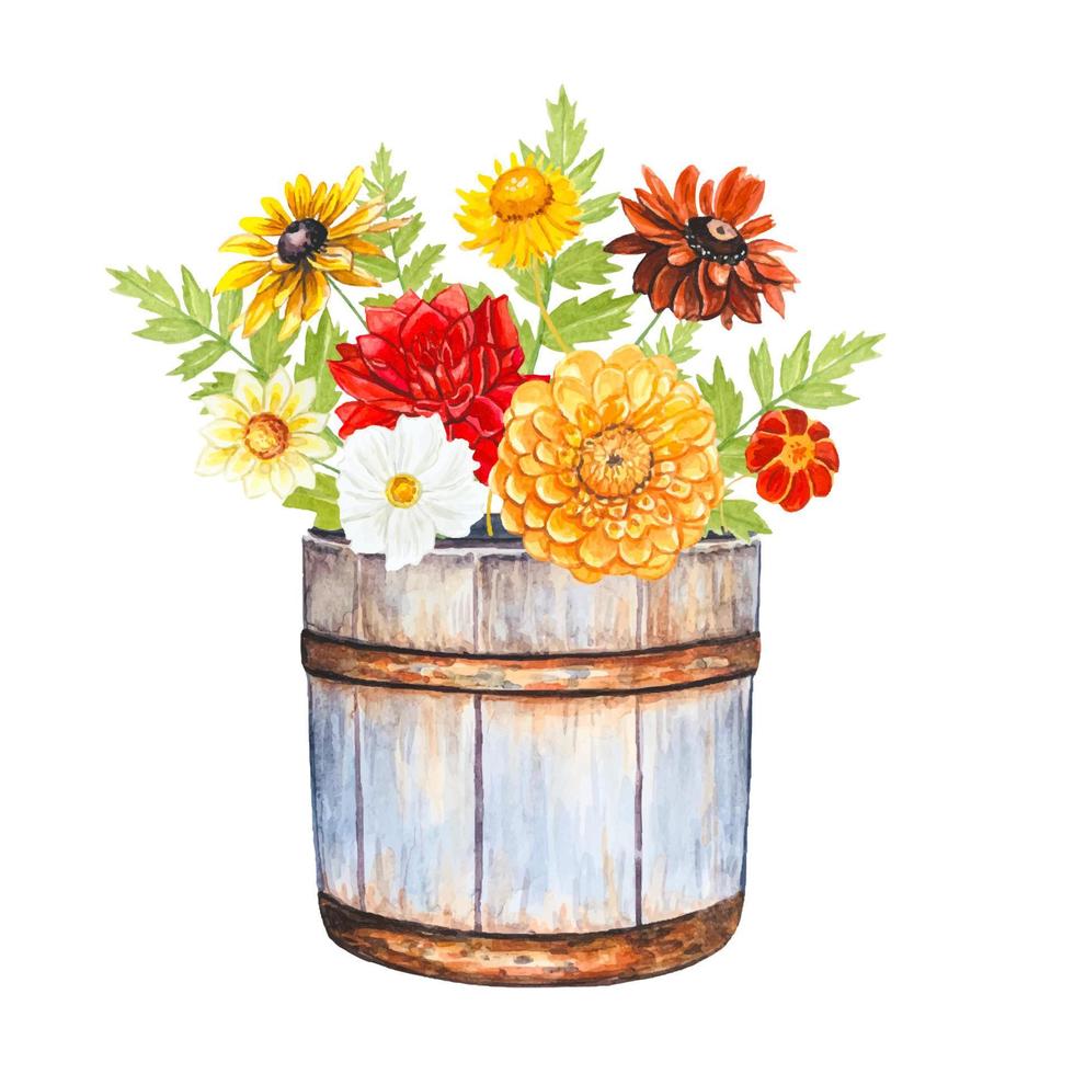 Bouquet of flowers in vintage bucket. Hand drawn vector