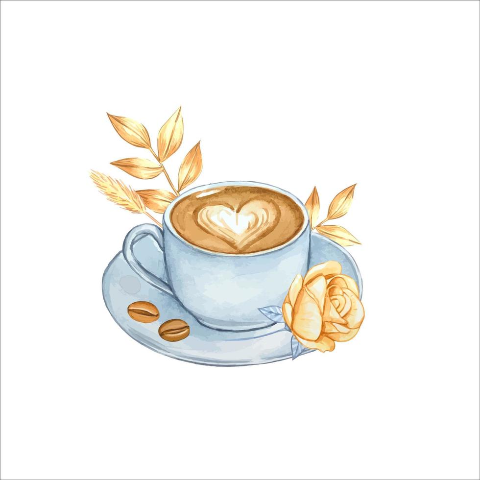 una taza de café y granos de café. ilustración acuarela vector