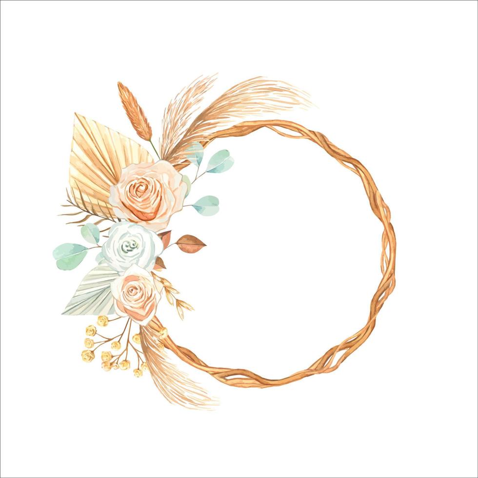 Watercolor wreath with dried plants and leaves  in boho style. vector