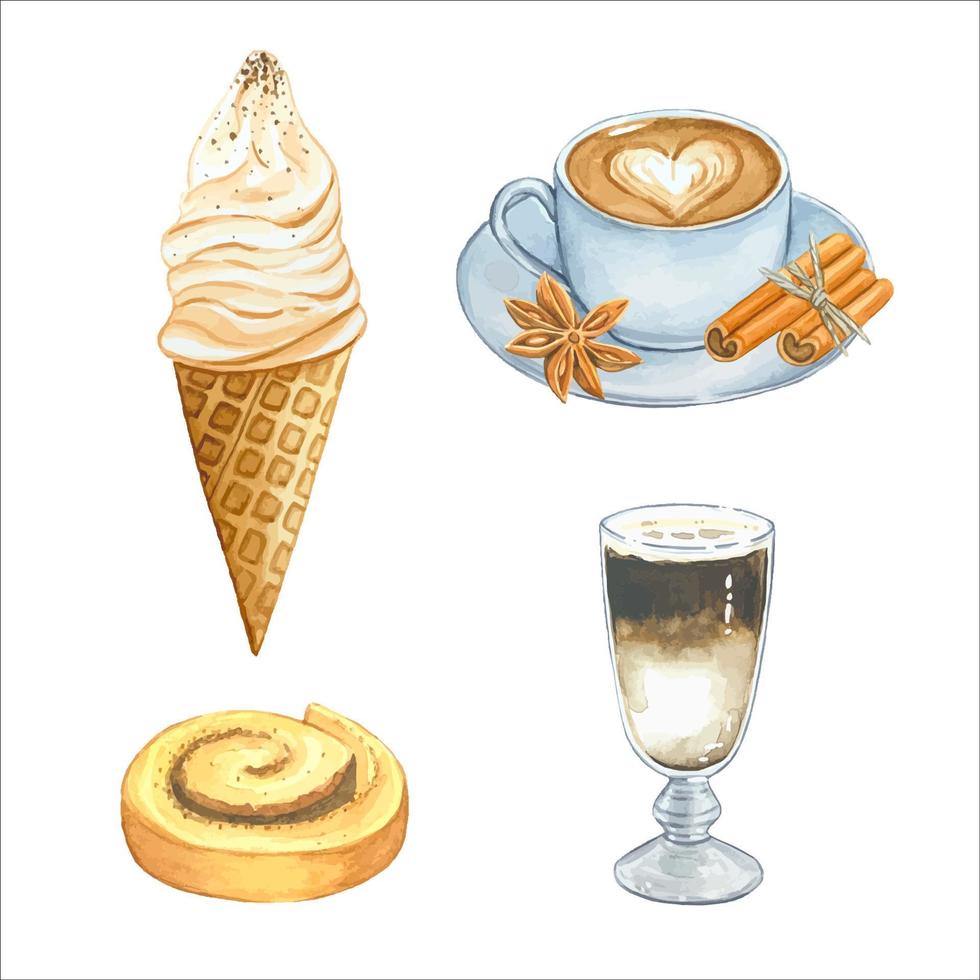 juego de una taza de café, helado, pasteles y una bebida de café, acuarela vector