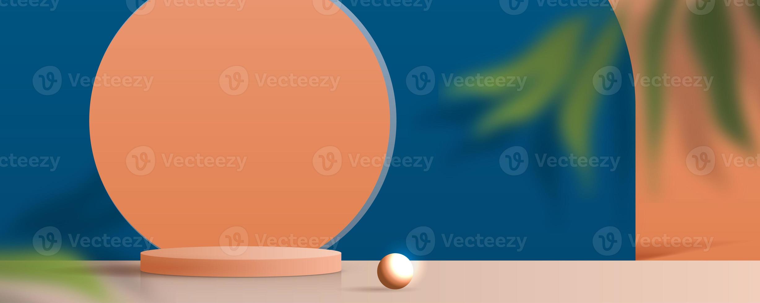 Cosmetic blue and orange background minimal and premium podium display for product presentation branding and packaging presentation. studio stage with shadow of leaf . 3D illustration design photo