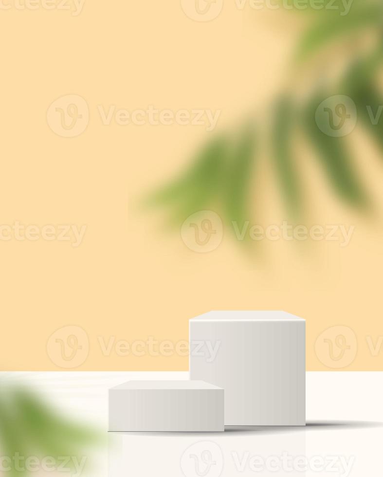 Cosmetic light yellow background minimal and premium podium display for product presentation branding and packaging presentation. studio stage with shadow of leaf background. 3D illustration design photo
