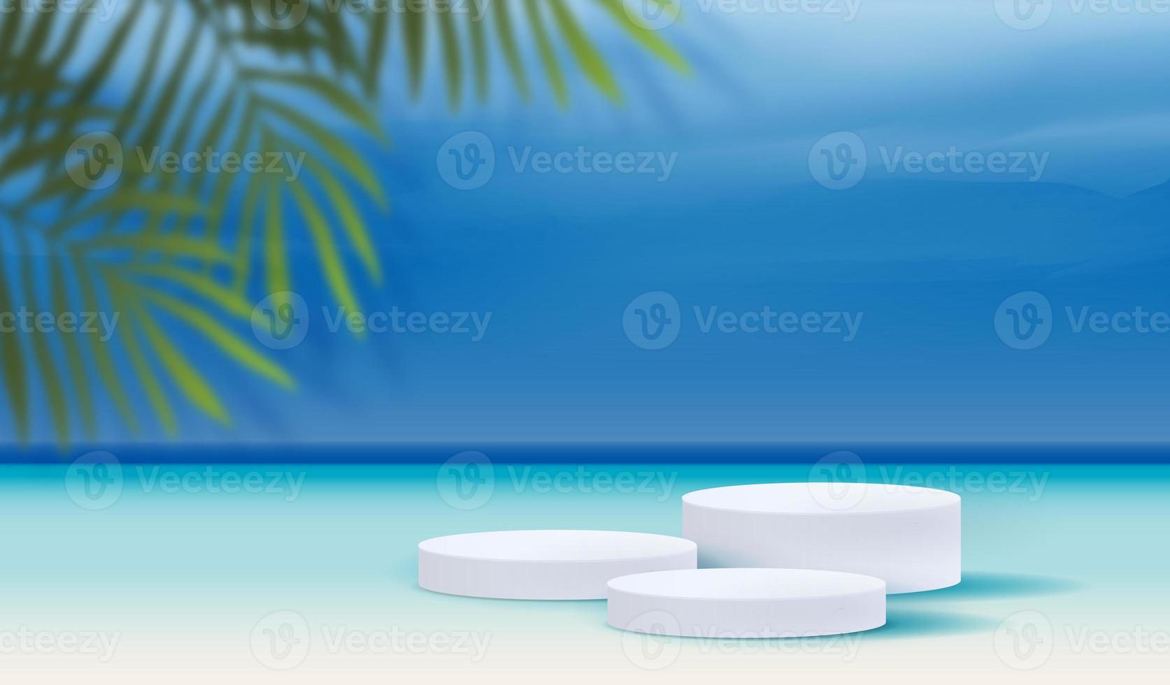 Cosmetic sea and beach background minimal and premium podium display for product presentation branding and packaging presentation. studio stage with shadow of leaf background. 3D illustration design photo