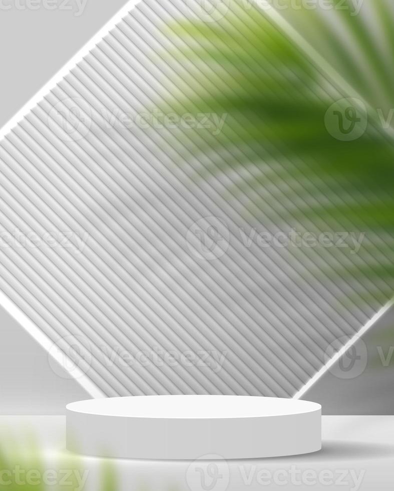 Cosmetic light gray background minimal and premium podium display for product presentation branding and packaging presentation. studio stage with shadow of leaf background. 3D illustration design photo